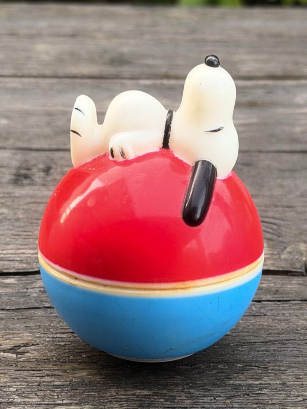 Vintage 1966 Peanuts Snoopy Roly Poly Baby Chime Ball Rattle Toy Blue & Red